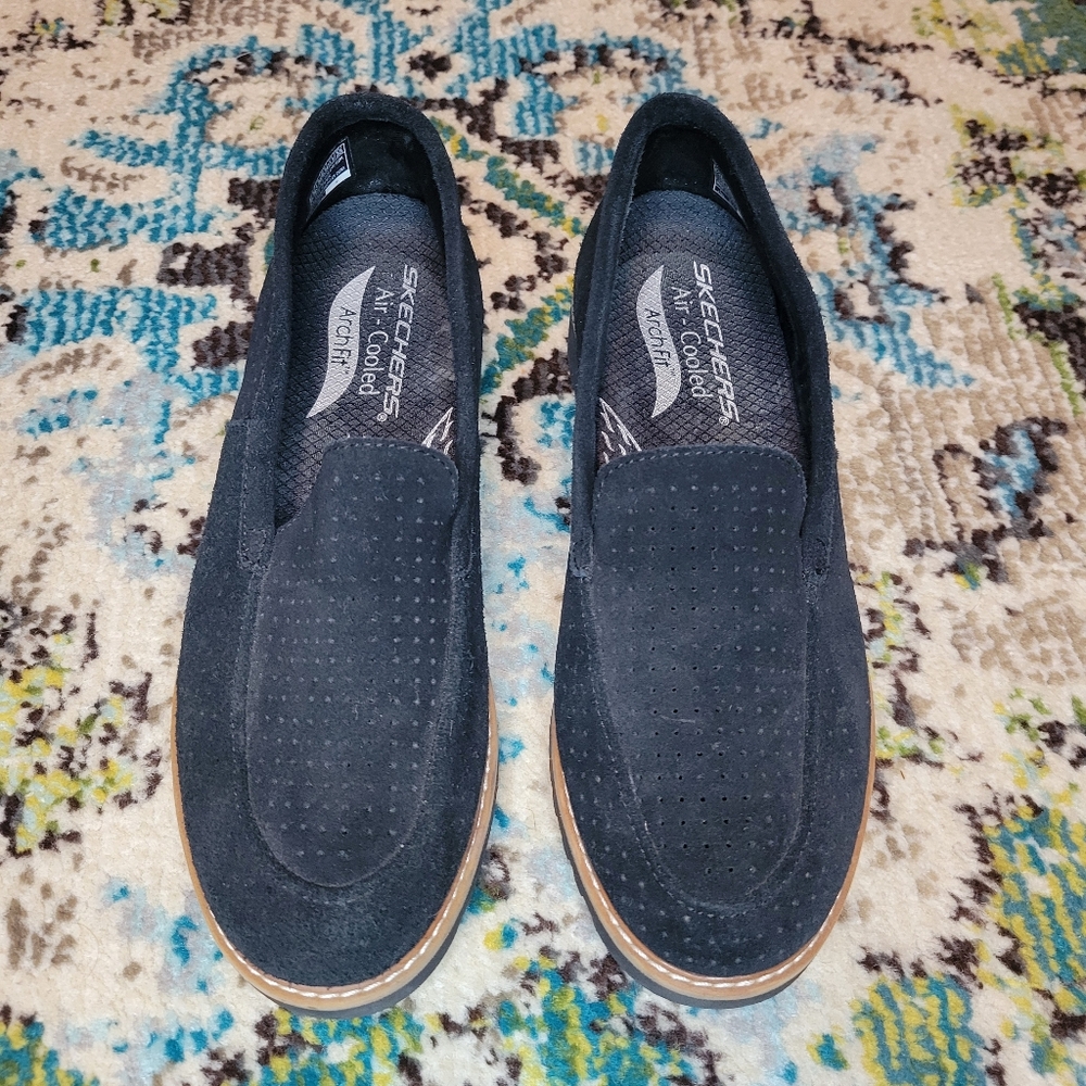 Skechers Arch Fit Marlie‎ Leather Suede Black Comfort Loafers, Size Womens 6.5